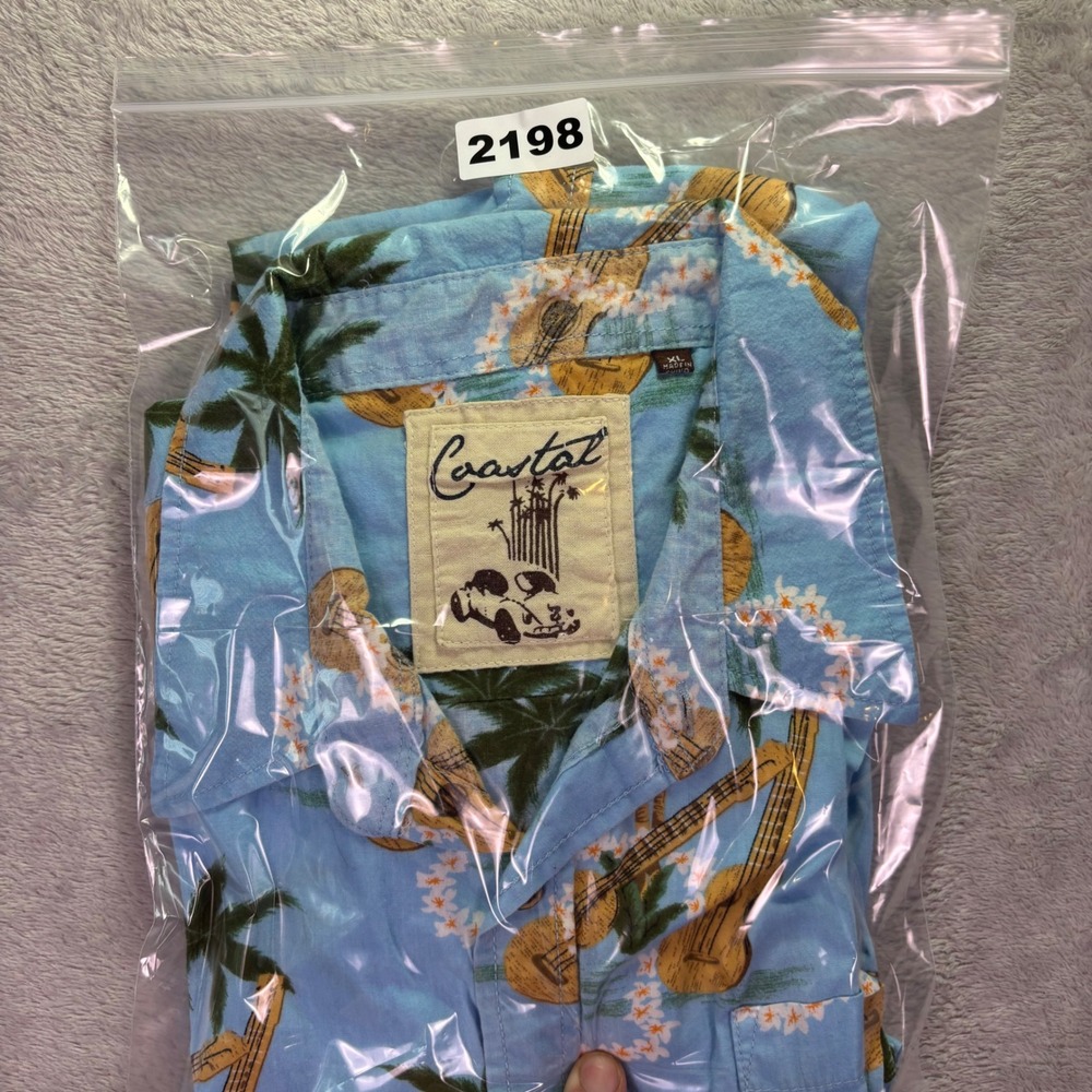 Coastal Mens Shirt Cotton Blue XL Ukulele Palm Tree Print Hawaiian Button Down - Picture 8 of 8